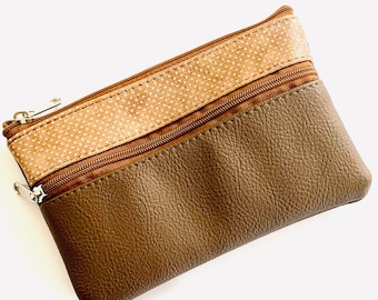 Caramel and Silver Dot Vegan Double Zipper Purse in Faux Leather