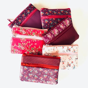 Small vegan two zip purse pouch in purples, reds and pinks