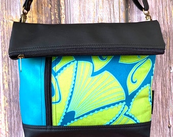 Vegan Faux leather Cross body zipped Inge bag featuring fresh blue green abstract fabric