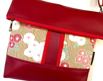 Cross body zipper vegan bag with Japanese fabric pockets on the front