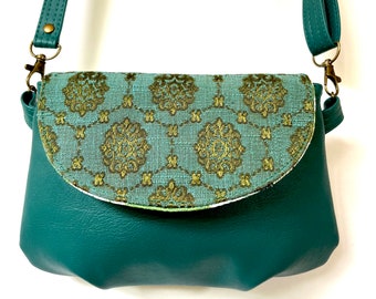 Sea green vintage fabric vegan faux leather crossbody or clutch small bag