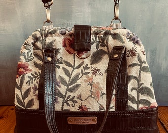 Vintage inspired tapestry fabric and mock crocodile vegan pleather coach bag, bowling bag, doctor bag. OOAK
