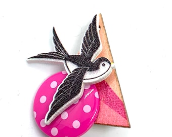 Swallow brooch bright coloured happy bird spot button pin