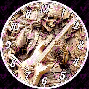May include: A round clock featuring a skeleton playing an electric guitar. The clock face has large, stylized numbers in a light purple hue. The background is a detailed, carved design with a rock and roll theme.