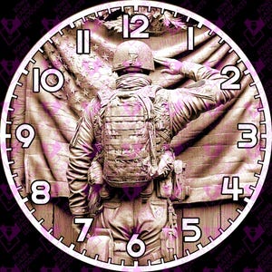 May include: A circular wall clock depicting a soldier saluting in front of an American flag. The clock face has large white numerals and a white border. The background is a sepia tone with a pink overlay. The clock has the text "BOWER LASER PRODUCTS LLC".