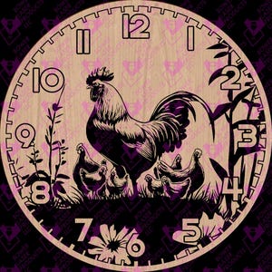 May include: A wooden clock face featuring a rooster and several hens, with a floral and grass design. The clock hands are not present. The numbers are in a decorative font. The clock face is approximately 12 inches in diameter.