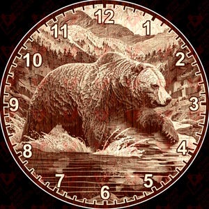 May include: A round clock face with a detailed illustration of a grizzly bear in a river, surrounded by a forest and mountains. The clock face has a brown and tan color scheme with black numbers and a white border.