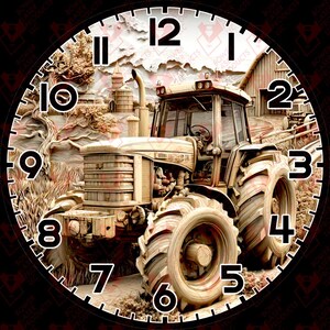 May include: A round clock face featuring a detailed illustration of a tractor in a rural setting. The clock face has black numerals and hands, with a sepia-toned tractor as the central design element. The background includes a barn and trees.