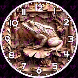 May include: A decorative clock face featuring a detailed relief carving of a frog on a lily pad, surrounded by a forest scene. The clock face has white numerals and hands, with a pink and brown color scheme. The clock face is round.