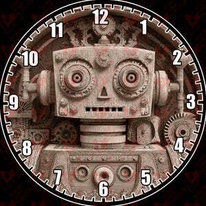 May include: A clock face with a detailed steampunk robot design. The robot's face is the focal point, with large, circular eyes and a rectangular mouth. The clock hands are not visible. The numbers are in a classic font.
