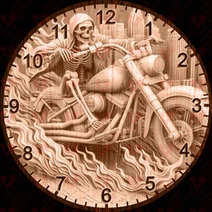 3d Illusion Uhr Laserdatei Skelett auf einem Motorrad mit Flammen in der Stadt