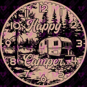 May include: A wooden clock with a camping theme. The clock face features a camper, trees, and the words "Happy Camper." The numbers are displayed around the edge of the clock face. The clock is a light brown colour with a dark purple border.