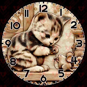 May include: A round clock face featuring a kitten playing with a mouse. The kitten is gray and brown with black stripes. The clock face has black numbers and a wooden frame. The background has a floral pattern.