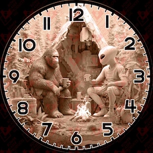 May include: Round clock face with a sepia-toned illustration of a Bigfoot and an alien sitting by a campfire, holding mugs. The clock hands are missing. Numbers and tick marks are around the edge.