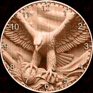 May include: A wooden clock face with a carved bald eagle holding a globe. The eagle is centered on the clock face with its wings spread out. The clock face has Roman numerals for the hours and Arabic numerals for the minutes.