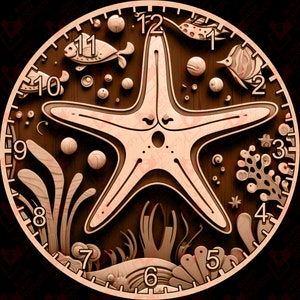 May include: A wooden clock with a starfish design. The clock face is surrounded by sea-themed imagery, including seaweed, fish, and bubbles. The numbers 1 through 12 are displayed around the clock face.