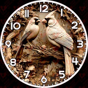 May include: A round clock face featuring two detailed carved birds perched on a branch. The birds are light brown with black accents, set against a backdrop of carved foliage. White numerals mark the hours around the clock's edge.