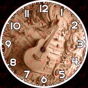 May include: A beige clock face featuring a carved acoustic guitar and musical notes. The clock has large white numerals and a white border. The background has a textured, three-dimensional appearance with decorative floral elements.