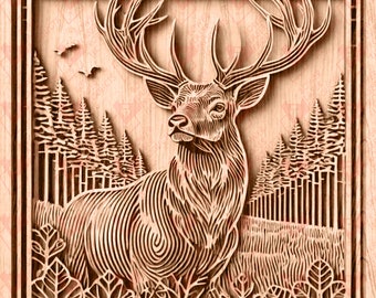 May include: A detailed laser cut wooden design of a deer standing in a forest. The deer has large antlers and is surrounded by trees. The design is intricate and detailed, with a focus on the deer's features.