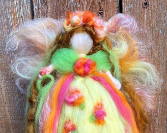 Brilliant, Bright Joyful Spring Floral Fairy by Rebecca Varon inspired by Waldorf with Yellow, Green and Pink