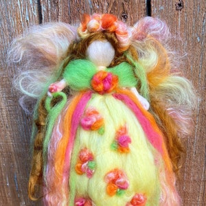 Brilliant, Bright Joyful Spring Floral Fairy by Rebecca Varon inspired by Waldorf with Yellow, Green and Pink