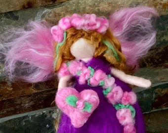 Original Valentine Purple Flower Fairy with her Heart-  Needle felted wool fairy angel Waldorf inspired by Rebecca Varon