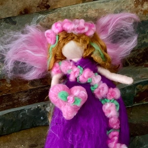 Original Valentine Purple Flower Fairy with her Heart-  Needle felted wool fairy angel Waldorf inspired by Rebecca Varon