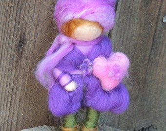 Needle felted Purple Wee Boy Gnome with Soft Pink Valentine Heart Waldorf inspired  By Rebecca Varon - blessing angel
