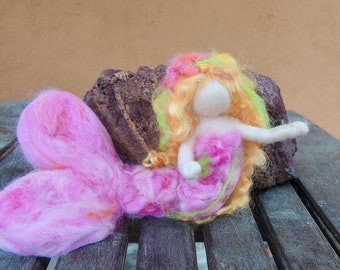 Pink Mermaid with a Starfish on her bright blonde hair - Waldorf  Inspired Needle Felted Doll-gift-ocean