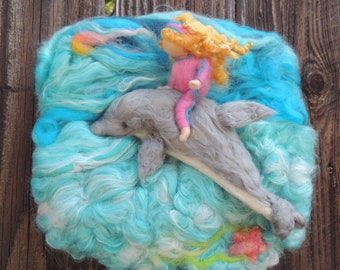 Wool Art - Dolphin's Best Friend - Needle Felted Sculptural Wool Painting/ Wall hanging Waldorf Inspired