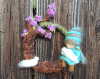 Mini Mobile Boy under the Jacaranda Tree with his dove bird friends Needle felted wool fairy angel Waldorf inspired by Rebecca Varon