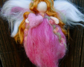 Valentine Flower Fairy with her Heart-  Needle felted wool fairy angel Waldorf inspired by Rebecca Varon