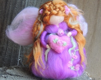 Heart and Flower Fairy in Purple with her Heart-  Needle felted wool fairy angel Waldorf inspired by Rebecca Varon
