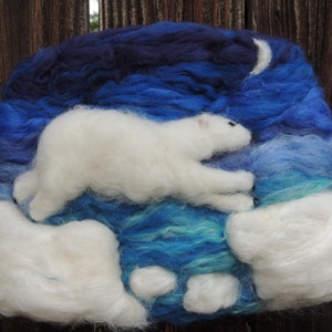 Wool Art Polar Bear under the Moon Needle Felted Sculptural Wool Painting/ Wall hanging Waldorf Inspired image 3