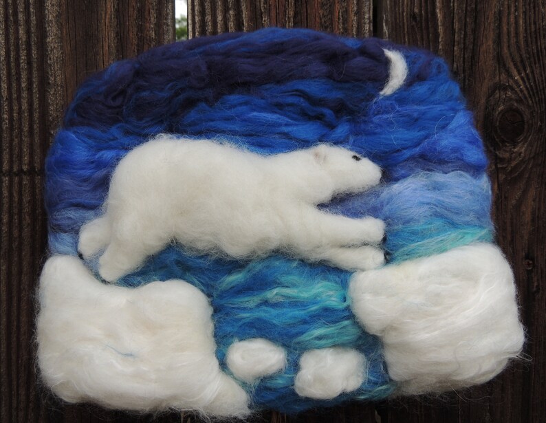 Wool Art Polar Bear under the Moon Needle Felted Sculptural Wool Painting/ Wall hanging Waldorf Inspired image 3
