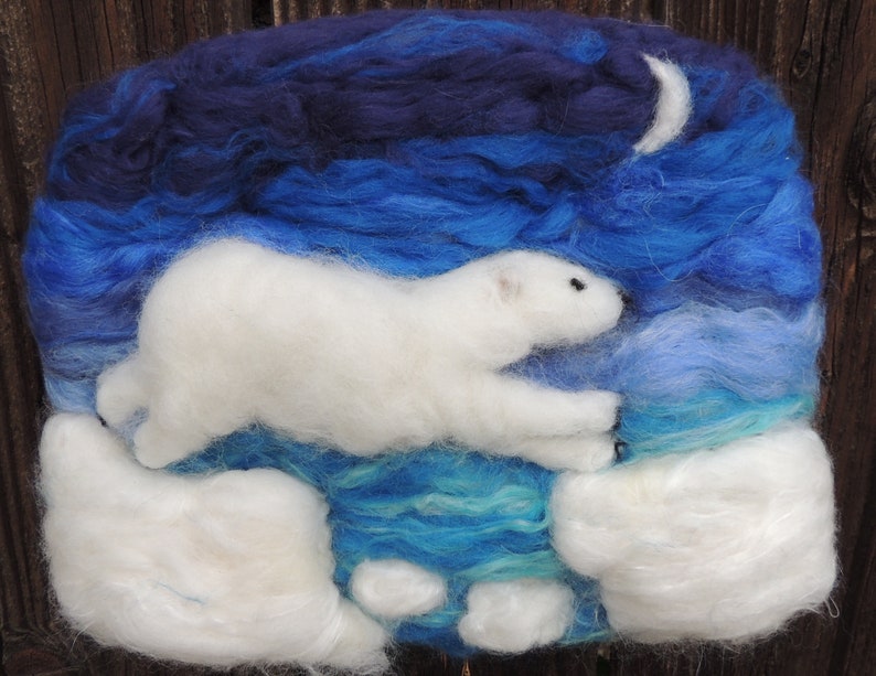 Wool Art Polar Bear under the Moon Needle Felted Sculptural Wool Painting/ Wall hanging Waldorf Inspired image 4