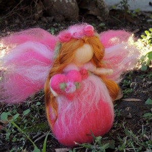 Valentine Pink Flower Fairy with her Heart Needle felted wool fairy angel Waldorf inspired by Rebecca Varon image 2