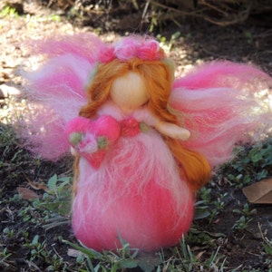 Valentine Pink Flower Fairy with her Heart Needle felted wool fairy angel Waldorf inspired by Rebecca Varon image 1