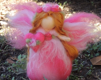 Valentine Pink Flower Fairy with her Heart-  Needle felted wool fairy angel Waldorf inspired by Rebecca Varon