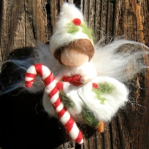 Christmas Ornament - Needle Felted Holly Fairy Boy Riding a Candy cane- Waldorf-inspired