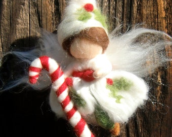 Christmas Ornament - Needle Felted Holly Fairy Boy Riding a Candy cane- Waldorf-inspired
