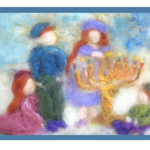 Printed Note Card -Lighting the Menorah -image from wool painting -  Waldorf Inspired Chanukah Greeting card