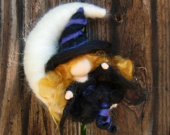 Felt Witch on the Crescent Moon -Autumn Witch  Needle felted - Waldorf inspired needle felted autumn by Rebecca Varon