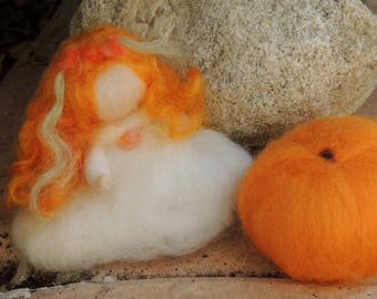 Forest Elf Bendy with Orange Treasure- Waldorf Inspired Needle Felted Soft Sculpture -Elsa Beskow Inspired