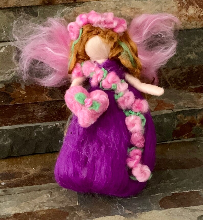 Original Valentine Purple Flower Fairy with her Heart Needle felted wool fairy angel Waldorf inspired by Rebecca Varon image 5