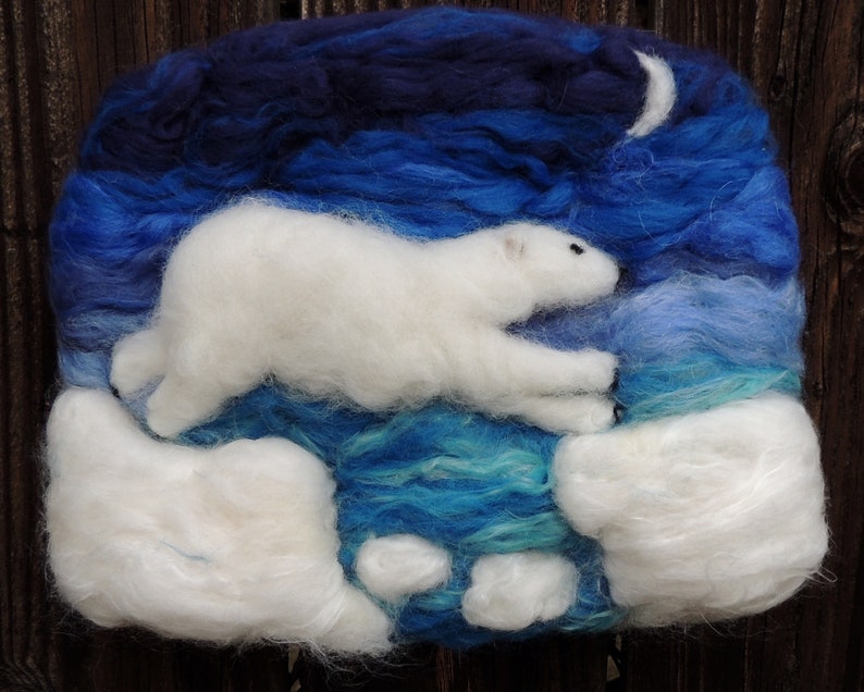 Wool Art Polar Bear under the Moon Needle Felted Sculptural Wool Painting/ Wall hanging Waldorf Inspired image 9
