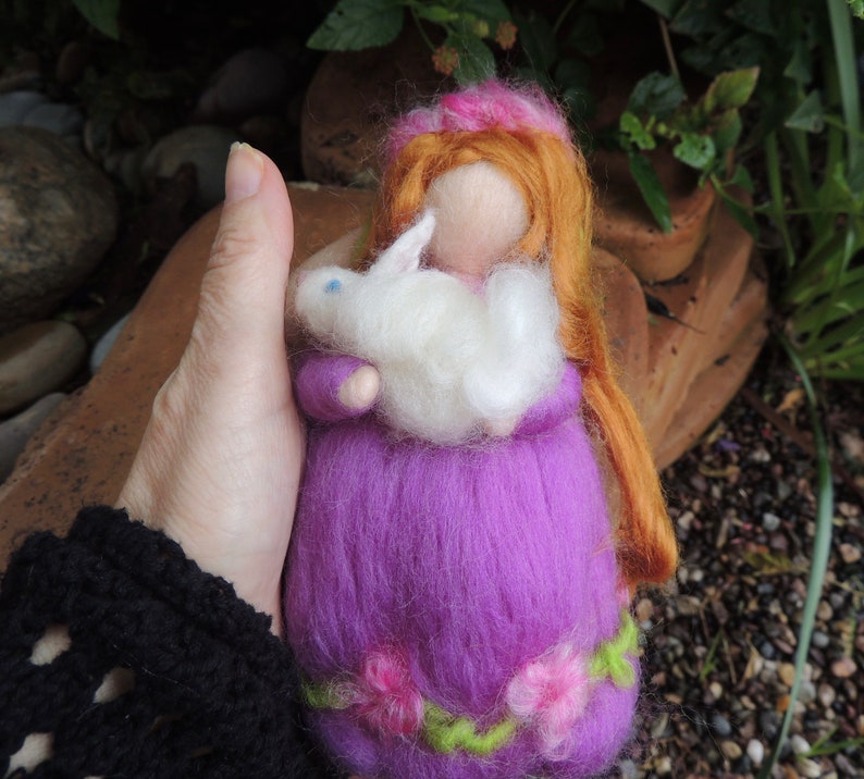 Easter Needle felted Easter Maiden with Bunny Waldorf inspired wool fairy By Rebecca Varon blessing angel-gift image 5