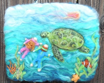 Wool Art - The Gracious Green Turtle - Needle Felted Sculptural Wool Painting/ Wall hanging Waldorf Inspired