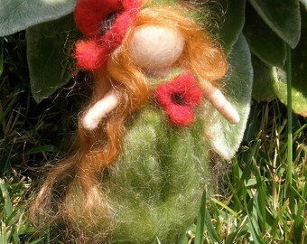 Wee Fairy Poppy Maiden -  Needle felted wool soft sculpture - Waldorf Inspired by Rebecca Varon