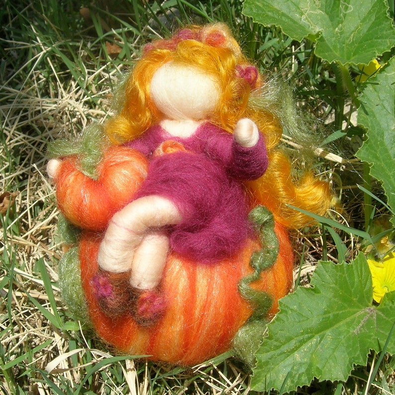 Autumn Pumpkin Sprite Waldorf Inspired Needle Felted Wool Soft Sculpture fairy Medium image 4